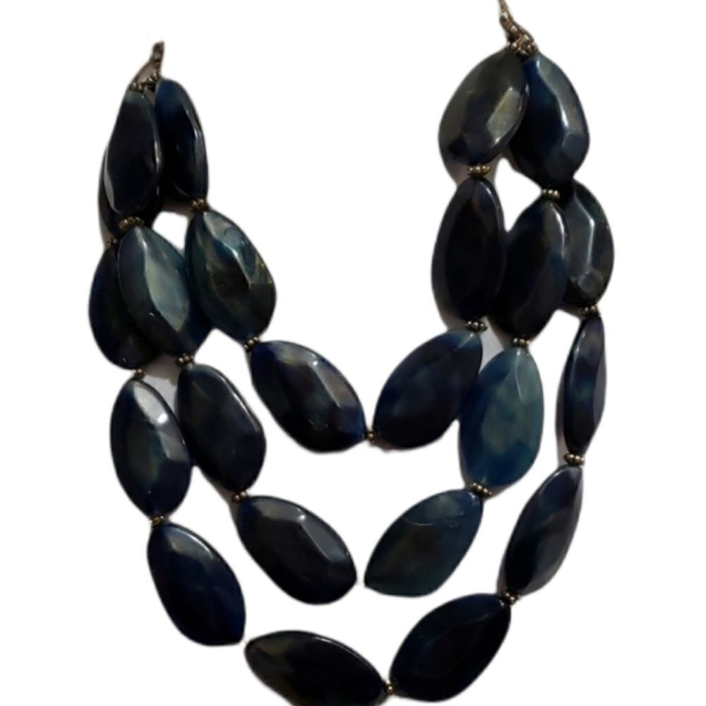 Triple strand blue iridescent stone necklace